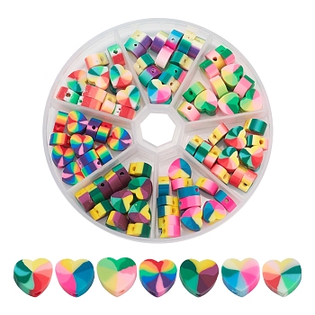 98~105Pcs 7 Colors Handmade Polymer Clay Beads, for DIY Jewelry Crafts Supplies, Heart, Colorful, 9~10x10~11x4~5mm, Hole: 1.2~2mm, 14~15pcs/color