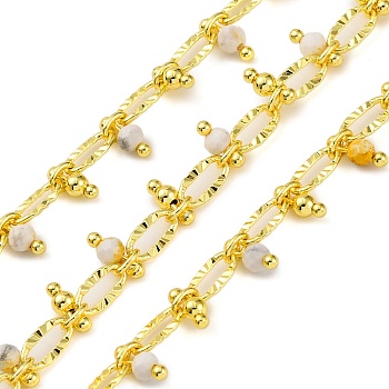 Handmade Faceted Natural Howlite Beaded Chains, Soldered, with Spool, Long-Lasting Plated, Real 18K Gold Plated, Lead Free & Cadmium Free, Oval Links: 8x4x1.5mm, Beads: 3~3.5mm