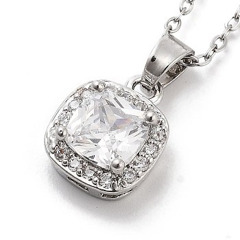 201 Stainless Steel Cable Chain Necklaces, Brass Clear Cubic Zirconia Square Pendant Necklaces, Stainless Steel Color, 15.98 inch(40.6cm)