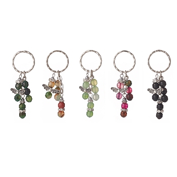 Natural Agate and Electroplate Non-magnetic Synthetic Hematite Beads Pendant Keychains, with 304 Stainless Steel Findings, Angel, 74.5mm