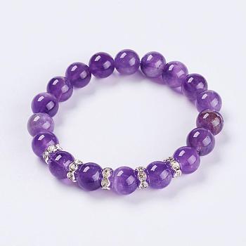 Natural Amethyst Stretch Bracelets, with Rhinestone Spacer Beads, 2 inch(52mm), 1strand/box