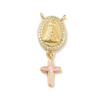 Brass Charms, with Shell, Cadmium Free & Lead Free, Long-Lasting Plated, Oval with Cross, Real 18K Gold Plated, Pink, 30mm, Hole: 1.5mm