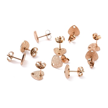 Ion Plating(IP) 304 Stainless Steel Stud Earring Findings, with Ear Nuts, Textured Heart, Rose Gold, 8x9mm, Hole: 1.4mm, Pin: 0.7mm