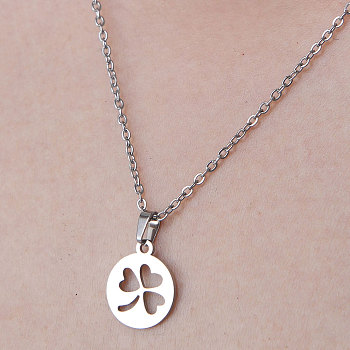 201 Stainless Steel Hollow Clover Pendant Necklace, Stainless Steel Color, 17.72 inch(45cm)