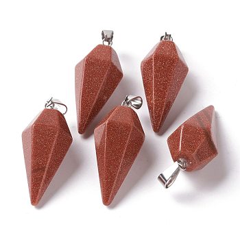 Faceted Cone Synthetic Goldstone Pendants, with Stainless Steel Bails, Stainless Steel Color, 34.5x15x13mm, Hole: 8x4mm