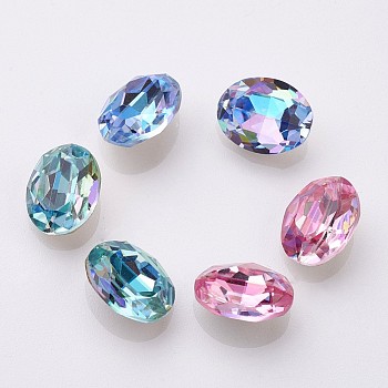 K9 Glass Rhinestone Cabochons, Shiny Laser Style, Imitation Austrian Crystal, Pointed Back & Back Plated, Faceted, Oval, Back Plated