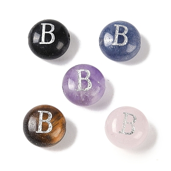 Natural Mixed Gemstone Beads, Flat Round with Letter, Letter B, 8.5~9x5~5.5mm, Hole: 1.2mm