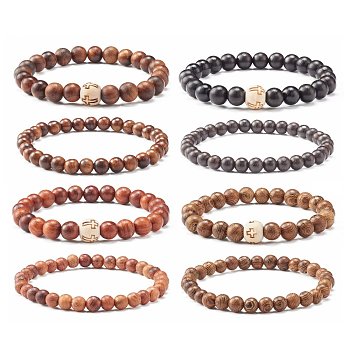 Stretch Bracelets, with Wood Beads, Round with Cross, Mixed Color, Inner Diameter: 2-1/4 inch(5.8cm), 2pcs/set
