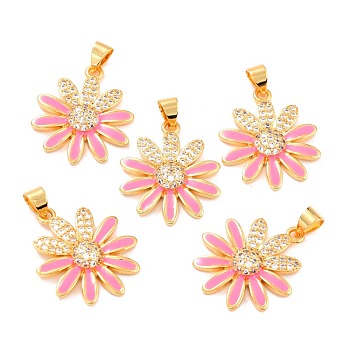 Real 18K Gold Plated Brass Micro Pave Cubic Zirconia Pendants, with Enamel, Long-Lasting Plated, Flower, Dark Salmon, 22.5x19.5x3.5mm, Hole: 3.5x4mm