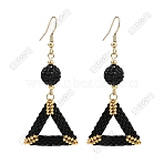 Handmade Glass Seed Beads Triangle Dangle Earrings, with Polymer Clay Rhinestone Beads, Triangle, Golden, Black, 62x26.5mm(EJEW-FS00081)