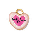 304 Stainless Steel Enamel Pendants, Heart & Heartbeat Charm, Real 18K Gold Plated, Ion Plating(IP), Long-Lasting Plated, Hot Pink, 15x14mm,Hole:3.30mm(STAS-OY014-25G)