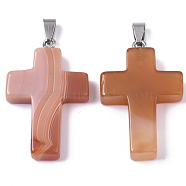 Natural Carnelian Pendants, with Random Stainless Steel Snap On Bails, Dyed & Heated, Cross, 44~46x27~29x6~8mm, Hole: 4x8mm(G-Q512-005)