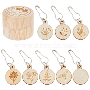 Wooden with Alloy Locking Stitch Marker, Flat Round with Flower/Leaf Pattern, Bisque, Marker: 5cm(TOOL-WH0155-32)