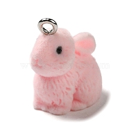 Opaque Resin Pendants, Flocky Rabbit Charms with Platinum Plated Iron Loops, Pink, 22x12x19.5mm, Hole: 2mm(RESI-P032-B01)