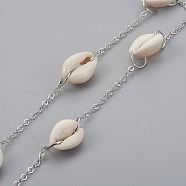 Handmade Cowrie Shell Beaded Chains, Unwelded, with Brass Cable Chains and Iron Jump Rings, Platinum, 19~22x14~15x8~9mm, about 39.37 inch(1m)/strand(AJEW-JB00470)