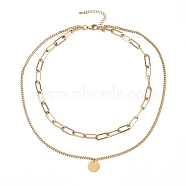Vacuum Plating 304 Stainless Steel Double Chains Multi Layered Necklace with Flat Round Charms for Women, Golden, 16.34 inch(41.5cm)(STAS-E155-04G)