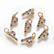 Brass Micro Pave Cubic Zirconia Charms, Letter, Colorful, Golden, Letter.P, 9.7x4.6x1.7mm, Hole: 2~2.5mm(X-ZIRC-L070-38P-G)