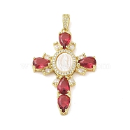 Real 18K Gold Plated Brass Micro Pave Cubic Zirconia Pendants, with Glass and Resin, Cross, Crimson, 46x31x5mm, Hole: 3.3x4.7mm(KK-A209-14G-03)