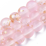 Frosted Spray Painted Glass Beads Strands, with Golden Foil, Round, Pink, 8~9mm, Hole: 1.2~1.5mm, about 46~56pcs/Strand, 14.37 inch~16.3 inch(36.5~41.4cm)(X-GLAA-N035-03C-C06)