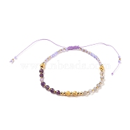 Adjustable Nylon Thread Braided Bead Bracelets, with Natural Labradorite & Amethyst Beads, Glass Seed Beads and Brass Beads, Real 18K Gold Plated, 2-3/8~3-7/8 inch(5.9~10.1cm)(BJEW-JB05593-04)