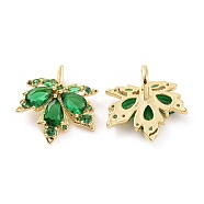 Brass Micro Pave Cubic Zirconia Pendants, Real 18K Gold Plated, Maple Leaf Charm, Green, 17x17x3mm, Hole: 2x5mm(KK-E068-VC400)