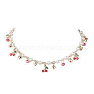 Glass Beads & Pearl Beaded Bib Necklaces, Cherry Alloy Enamel Pendant Necklaces for Women, Golden, 15.75 inch(40cm)(NJEW-JN04633)