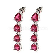 Rack Plating Platinum Tone Brass Cubic Zirconia Studs Earrings for Women, Teardrop, Crimson, 41x7mm(EJEW-H310-01P-06)