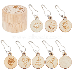 Wooden with Alloy Locking Stitch Marker, Flat Round with Flower/Leaf Pattern, Bisque, Marker: 5cm(TOOL-WH0155-32)
