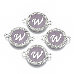 Alloy Enamel Links Connectors, with Crystal Rhinestones, Flat Round with Letter, Silver Color Plated, Letter.W, 22x16x2mm, Hole: 1.8mm(ENAM-TAC0003-01S-01W)