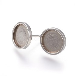 304 Stainless Steel Stud Earring Settings, Flat Round, Stainless Steel Color, 12x2mm, Tray: 10mm, Pin: 0.7mm(X-STAS-L219-02B)
