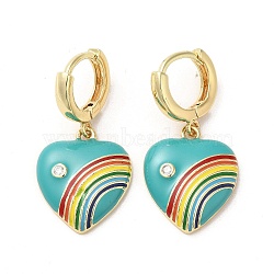 Heart with Rainbow Real 18K Gold Plated Brass Dangle Hoop Earrings, with Cubic Zirconia and Enamel, Medium Turquoise, 34.5x18mm(EJEW-L268-042G-05)