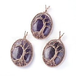 Natural Amethyst Big Pendants, with Rose Gold Tone Brass Findings, Oval with Tree of Life, 56~58.5x35~36x12~13.8mm, Hole: 4.2~5.2x4.6~6mm(G-G771-C04)