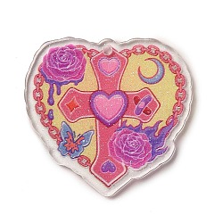 Valentine's Day Transparent Printed Acrylic Pendants, Heart Charm, Cross, 37.5x40x2.5mm, Hole: 1.8mm(OACR-Q187-01E)
