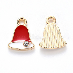 Alloy Enamel Charms, with Crystal Rhinestone, for Christmas, Jingle Bell, Light Gold, Red, 12x9.5x2mm, Hole: 1.6mm(X-ENAM-S121-107)