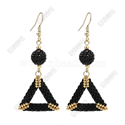 Handmade Glass Seed Beads Triangle Dangle Earrings, with Polymer Clay Rhinestone Beads, Triangle, Golden, Black, 62x26.5mm(EJEW-FS00081)
