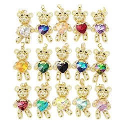 Real 18K Gold Plated Rack Plating Brass Micro Pave Cubic Zirconia Pendants, with Glass, Long-Lasting Plated, Cadmium Free & Lead Free, Bear with Star Pattern, Mixed Color, 38x19.5x9mm, Hole: 3.5x5mm(KK-G466-09G)