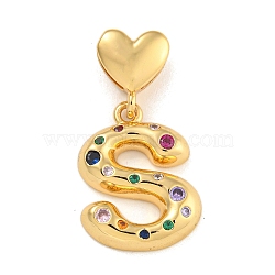 Brass Micro Pave Colorful Cubic Zirconia Pendants, Heart Letter Charms, Real 18K Gold Plated, Letter S, 31mm, Hole: 6x3mm, pendant: 21.5x16.5x4mm(KK-P281-01G-S)