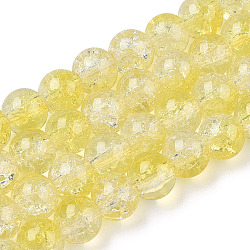 Transparent Crackle Baking Painted Glass Beads Strands, Imitation Opalite, Round, Yellow, 8.5x7.5mm, Hole: 1.5mm, about 107~109pcs/strand, 30.71 inch~31.30 inch(78~79.5cm)(DGLA-T003-01A-15)