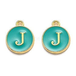 Golden Plated Alloy Enamel Charms, Enamelled Sequins, Flat Round with Alphabet, Letter.J, Green, 14x12x2mm, Hole: 1.5mm(ENAM-Q437-15J)