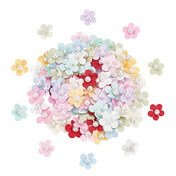 100Pcs 10 Colors Flower Polyester Ornament Accessories, with Plastic Imitation Pearl and Iron Finding, Mixed Color, 12x12.5x5mm, 10pcs/color(DIY-FG0005-33)