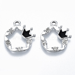 UV Plated Alloy Enamel Pendants, with Rhinestone, Star with Crown, Cadmium Free & Lead Free, Platinum, Black, 20x18x2mm, Hole: 1.8mm(X-PALLOY-S181-001-RS)