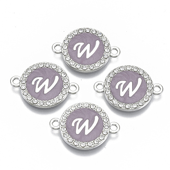Alloy Enamel Links Connectors, with Crystal Rhinestones, Flat Round with Letter, Silver Color Plated, Letter.W, 22x16x2mm, Hole: 1.8mm