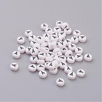 Acrylic Beads, with Horizontal Hole, Letter, Flat Round, Letter.Y, 7x4mm, Hole: 1mm, about 3500pcs/500g