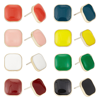 8 Pairs 8 Colors Alloy Enamel Square Stud Earrings with 925 Sterling Silver Pins, Mixed Color, 12x12mm, 1 pair/color