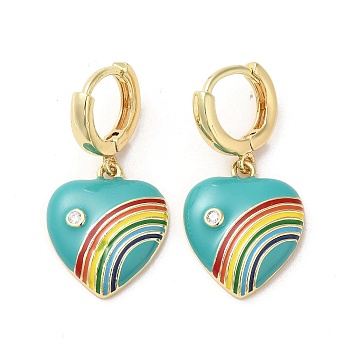 Heart with Rainbow Real 18K Gold Plated Brass Dangle Hoop Earrings, with Cubic Zirconia and Enamel, Medium Turquoise, 34.5x18mm