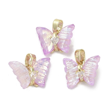 Real 18K Gold Plated Rack Plating Brass Micro Pave Cubic Zirconia Pendants, with Resin, Long-Lasting Plated, Cadmium Free & Lead Free, Butterfly, Lilac, 11.5x14.5x6mm, Hole: 2.6x5mm