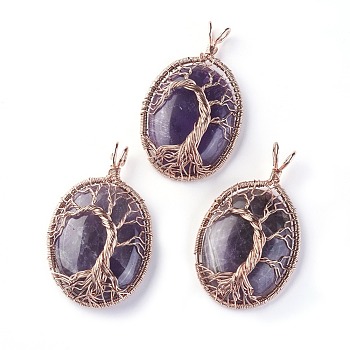 Natural Amethyst Big Pendants, with Rose Gold Tone Brass Findings, Oval with Tree of Life, 56~58.5x35~36x12~13.8mm, Hole: 4.2~5.2x4.6~6mm