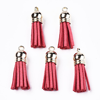 Faux Suede Tassel Pendant Decorations, with CCB Plastic Cord Ends, Light Gold, Salmon, 33~35x10mm, Hole: 2.5mm