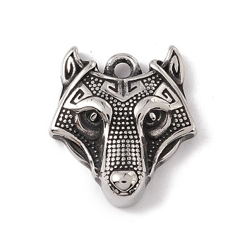 304 Stainless Steel Pendants, Wolf Head, Antique Silver, 21.5x19x6.5mm, Hole: 2mm