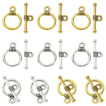 20Pcs 2 Colors Tibetan Style Alloy Toggle Clasps, for Jewelry Making, Ring, Antique Silver & Antique Golden, Ring: 11mm wide, 16mm long, Bar: 19mm long, hole: 1.5mm, 10pcs/color